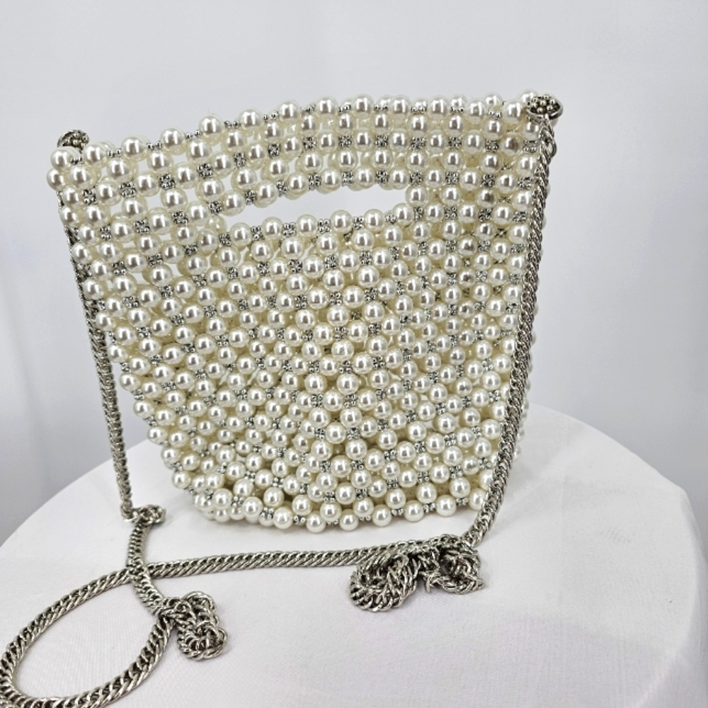 Pearl Beaded Crossbody Bag with Silver Chain